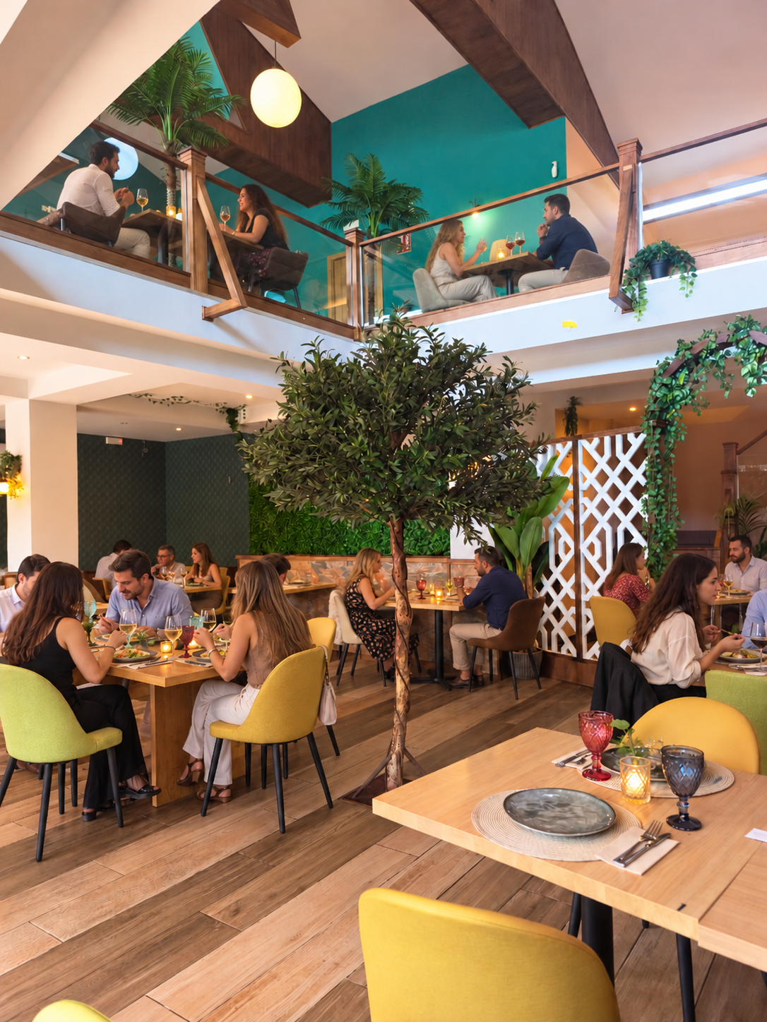 Comensales disfrutando de una cena en el salón de dos alturas de La Terraza del Zoco